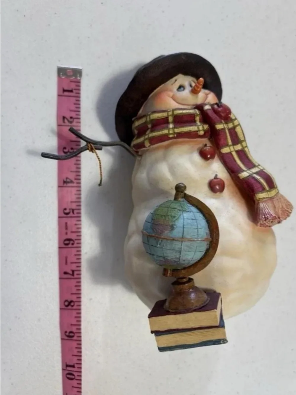 Handcrafted Cream Snowman Figurine with Red Plaid Scarf and Chalkboard Sign